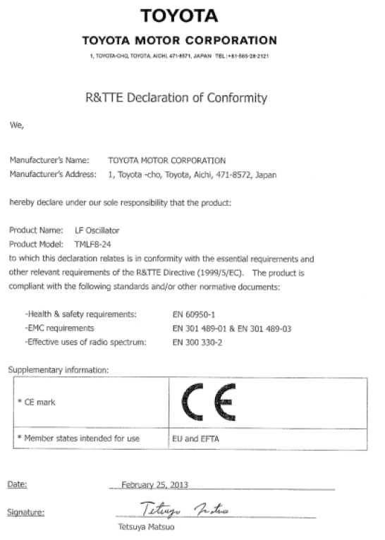 Certyfikat dotyczący systemu elektronicznego kluczyka